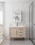 Orren 20 x 28 inch smart LED medicine cabinet installed in modern minimalist bathroom above vanity with illuminated mirror.