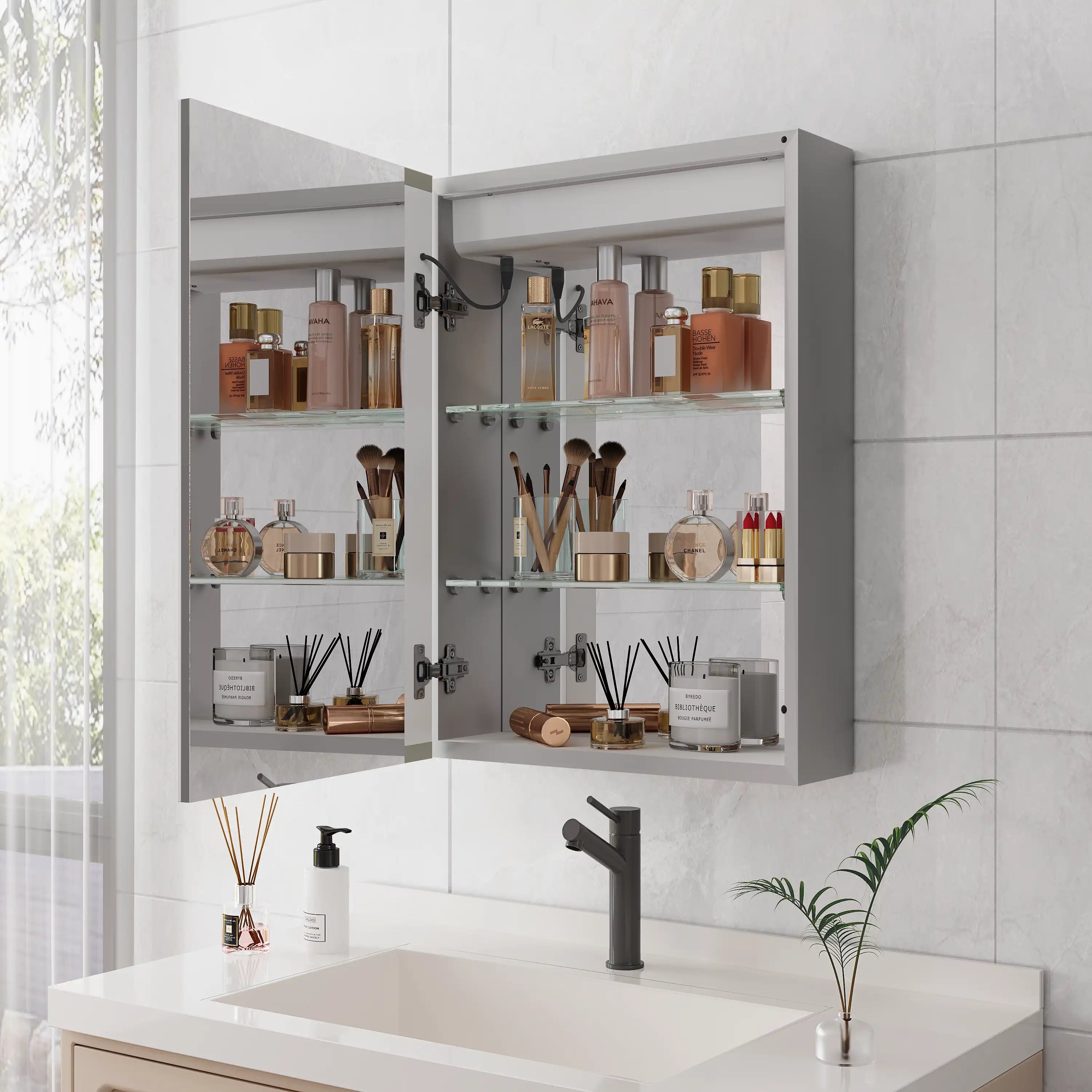 Orren 20 x 28 inch smart LED medicine cabinet with door open, interior shelves neatly storing toiletries and cosmetics.