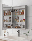 Orren 20 x 28 inch smart LED medicine cabinet with door open, interior shelves neatly storing toiletries and cosmetics.