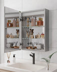 Orren 20 x 28 inch smart LED medicine cabinet with door open, interior shelves neatly storing toiletries and cosmetics.
