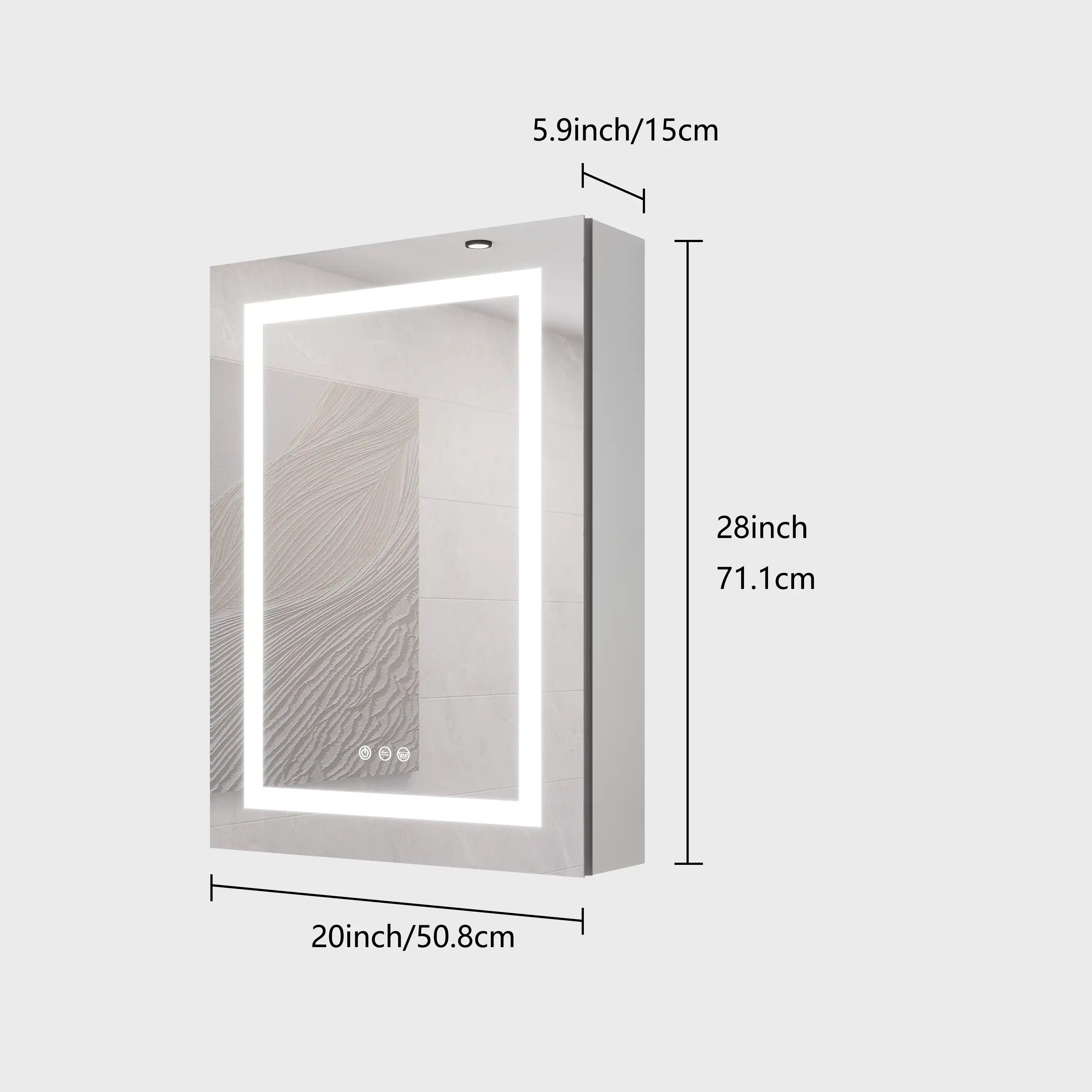 Orren 20 x 28 inch smart LED medicine cabinet with mirror, product dimension diagram showing width, height, and depth.