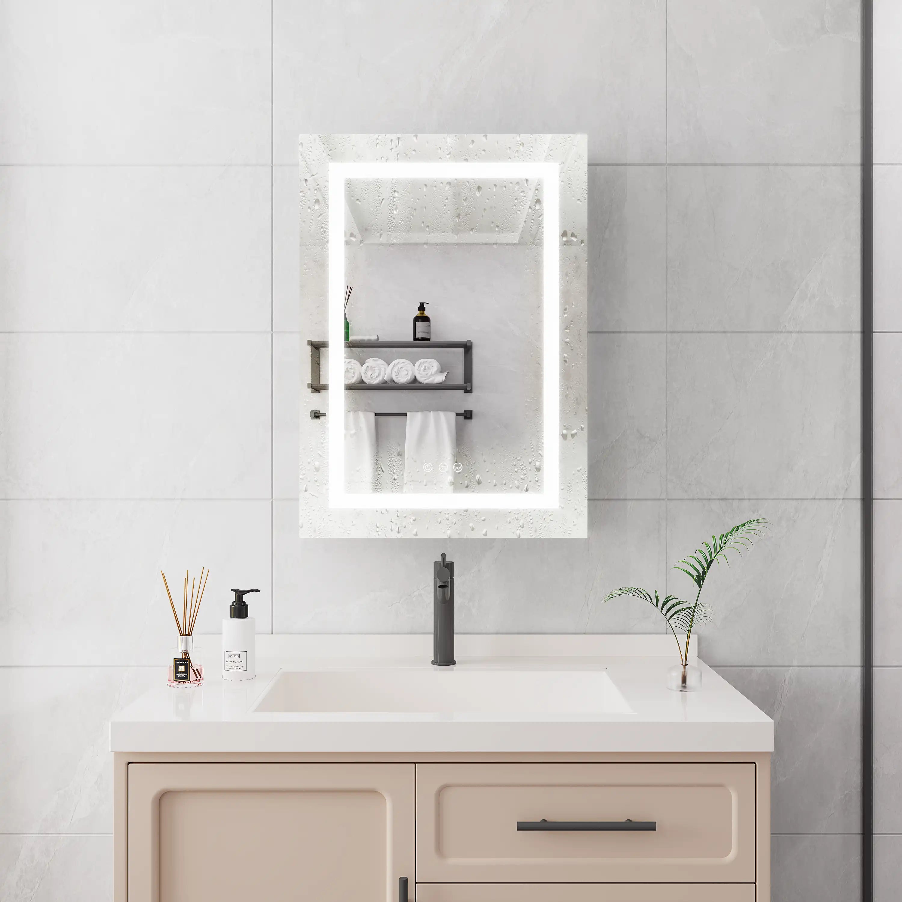 Orren 20 x 28 inch smart LED medicine cabinet with anti-fog function, mirror remains clear.