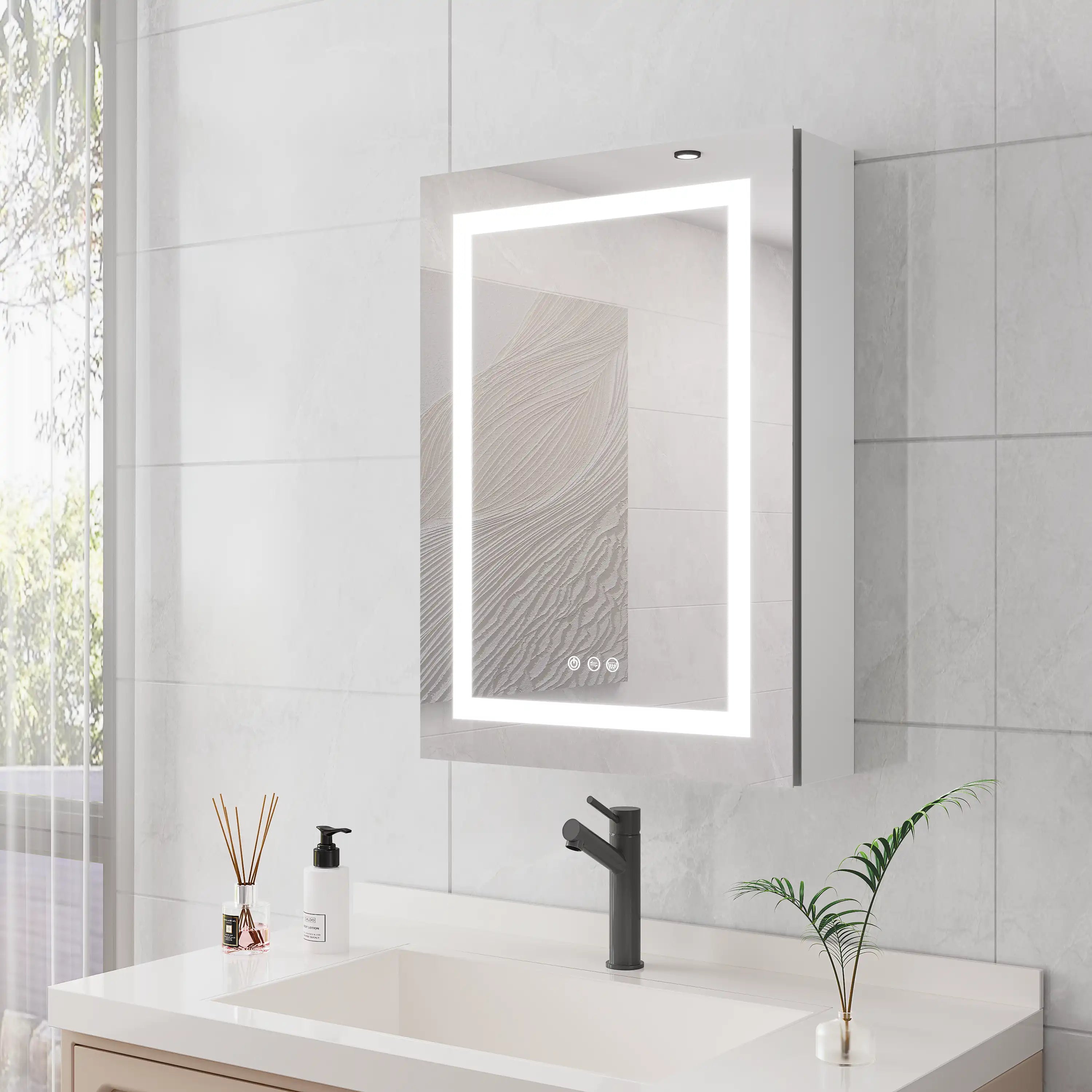 Side view of Orren 20 x 28 inch smart LED medicine cabinet with illuminated mirror and sleek aluminum frame.