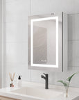 Side view of Orren 20 x 28 inch smart LED medicine cabinet with illuminated mirror and sleek aluminum frame.