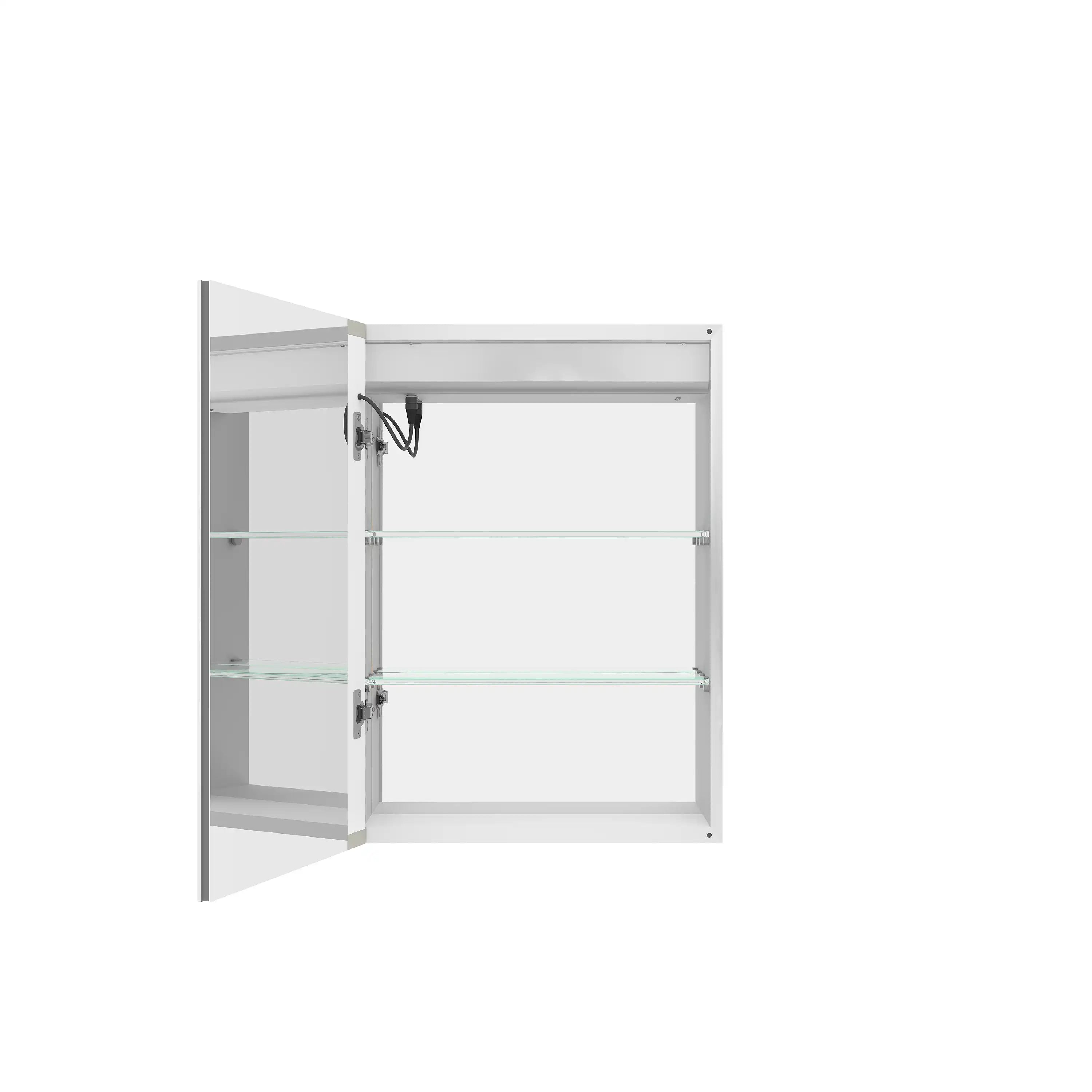 Orren 20 x 28 inch smart LED medicine cabinet with door open, showing interior glass shelves for storage.