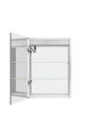 Orren 20 x 28 inch smart LED medicine cabinet with door open, showing interior glass shelves for storage.