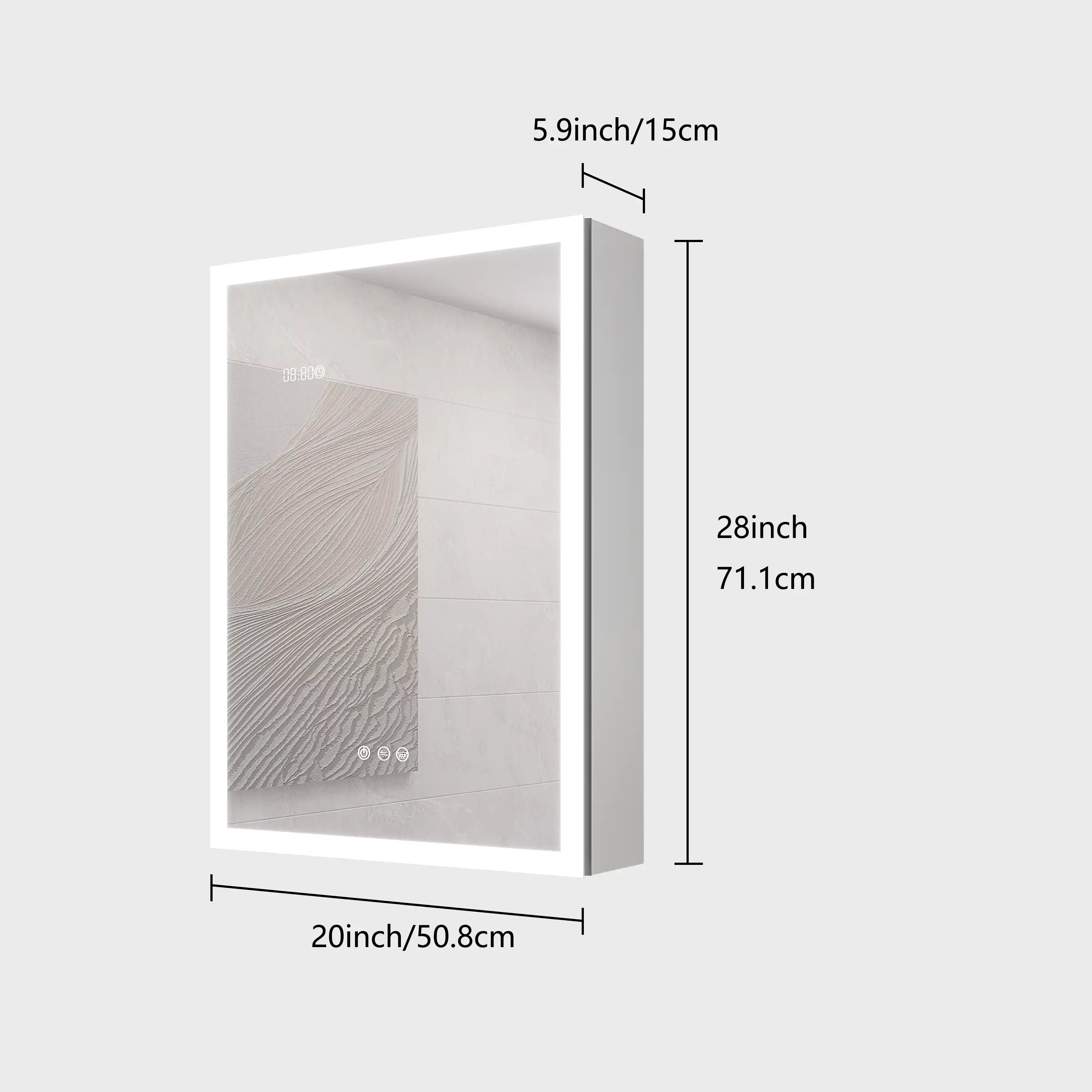 Calvante 28 inch LED mirror cabinet size dimensions 28 x 20 x 5.9 inches.
