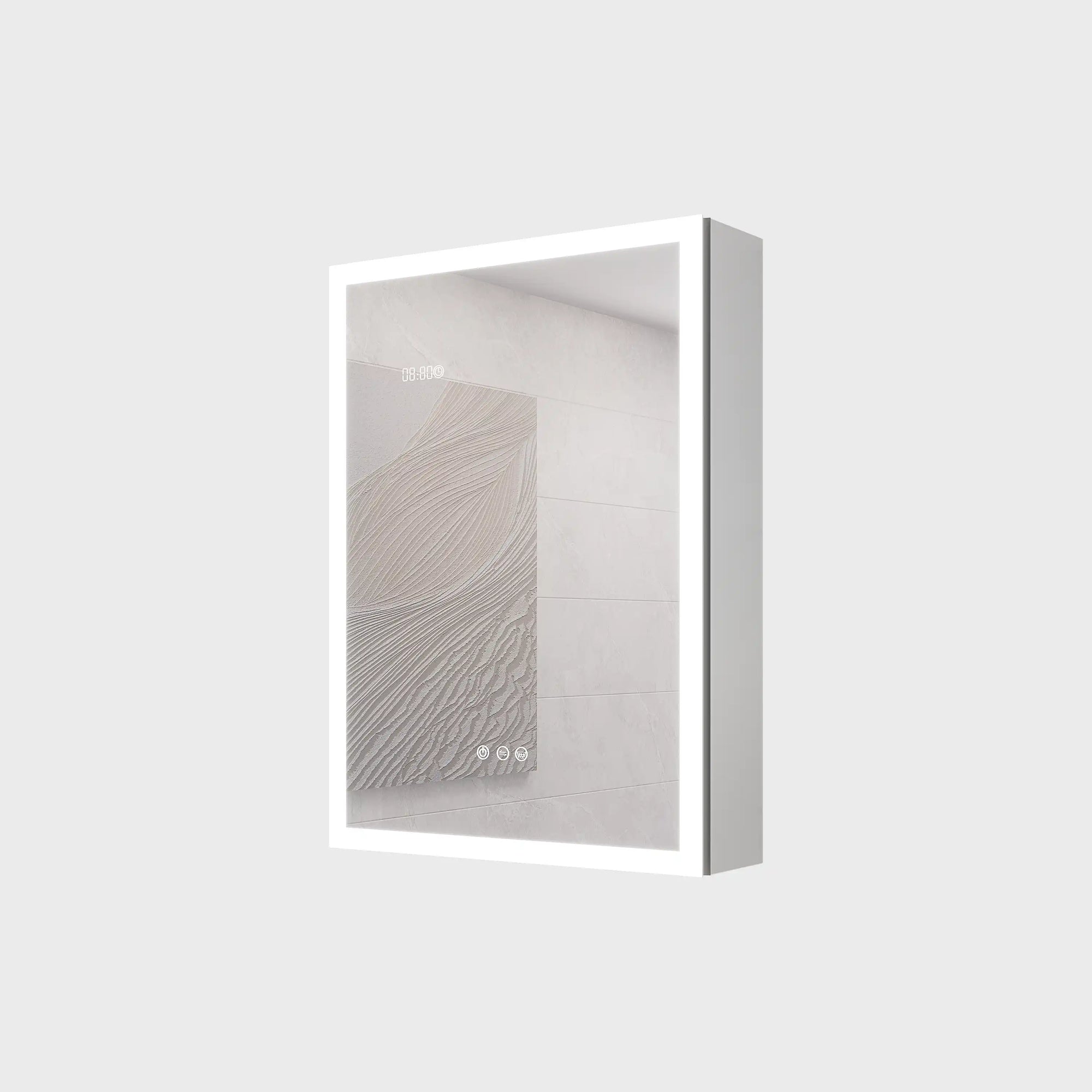 Calvante 28 inch LED mirror cabinet with display and anti-fog feature, modern bathroom medicine cabinet front view.
