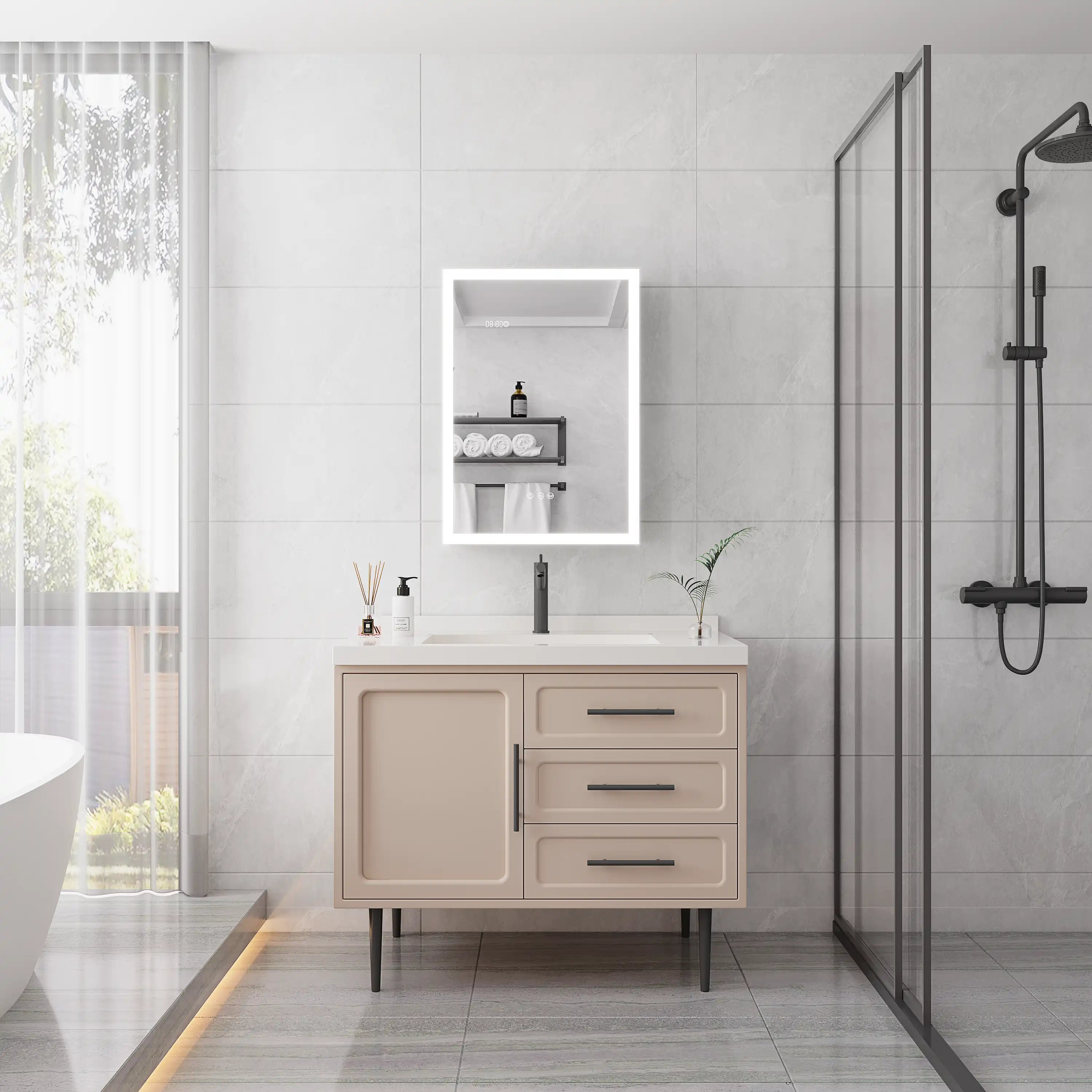 Modern bathroom interior with Calvante 28 inch LED mirror cabinet above vanity sink.