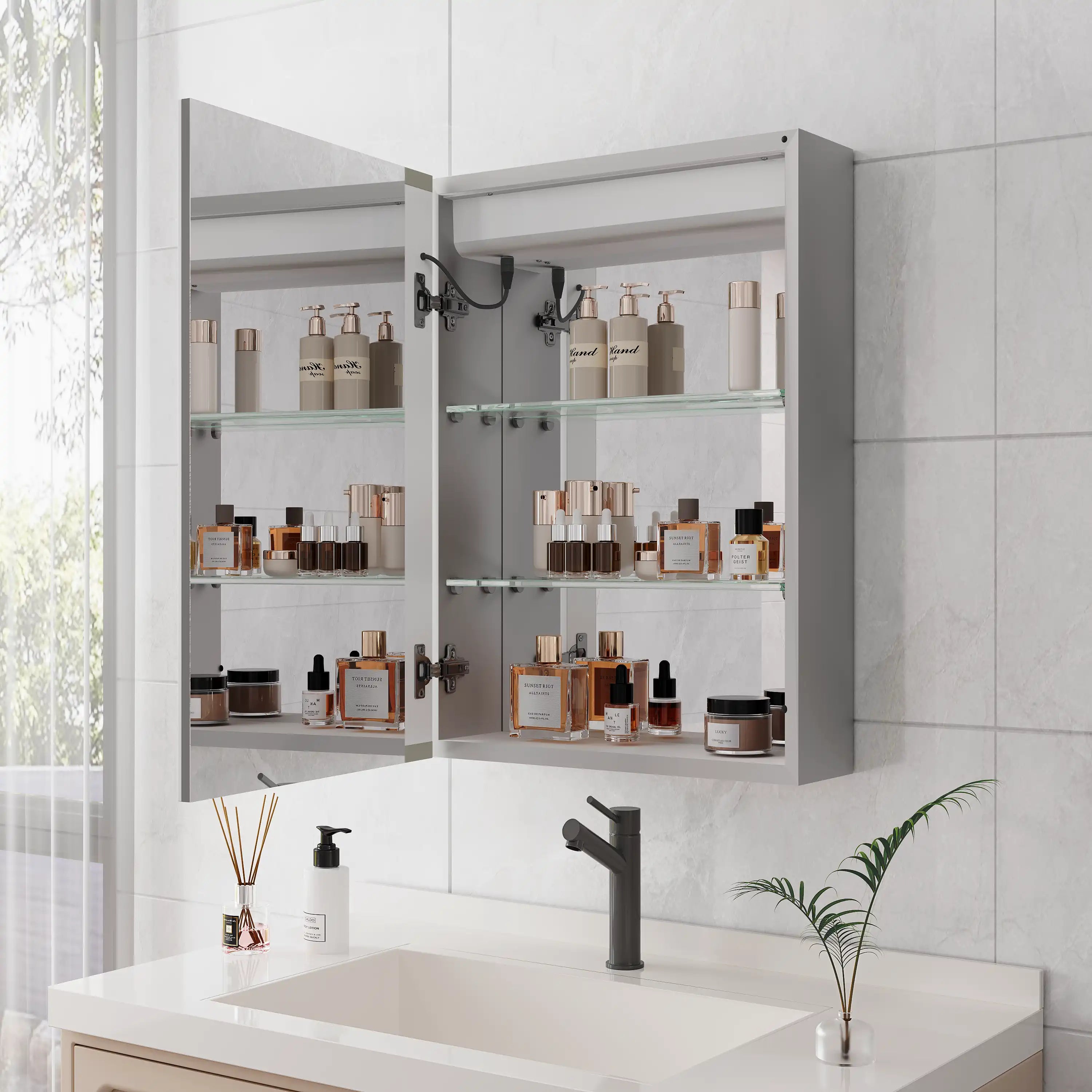 Calvante 28 inch LED mirror cabinet with open doors, bathroom medicine cabinet with 3-tier glass shelves showcasing ample storage for toiletries and skincare products.