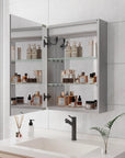 Calvante 28 inch LED mirror cabinet with open doors, bathroom medicine cabinet with 3-tier glass shelves showcasing ample storage for toiletries and skincare products.