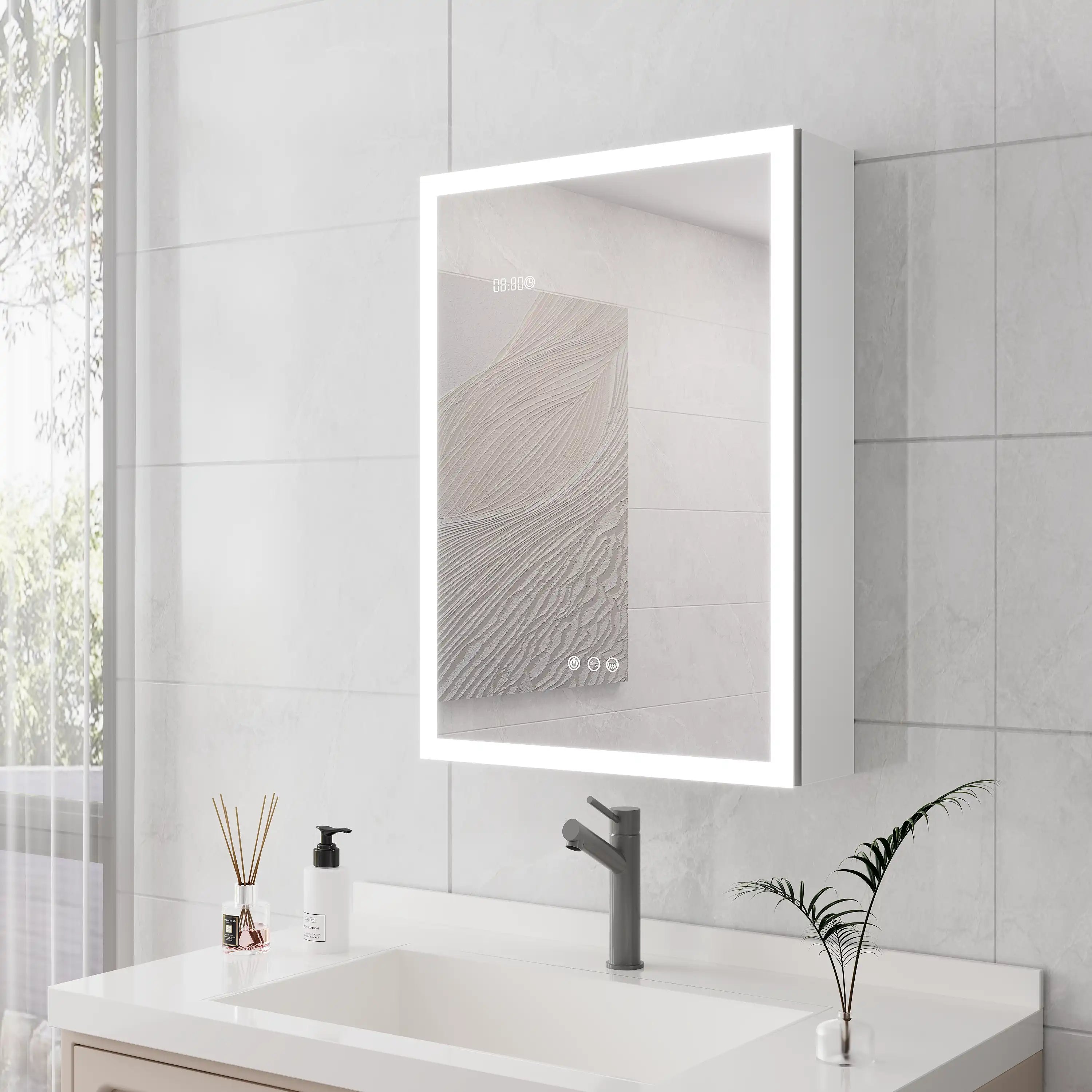 Side angle view of Calvante 28 inch LED mirror cabinet with display and anti-fog, wall mounted bathroom medicine cabinet above vanity sink.