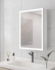 Side angle view of Calvante 28 inch LED mirror cabinet with display and anti-fog, wall mounted bathroom medicine cabinet above vanity sink.