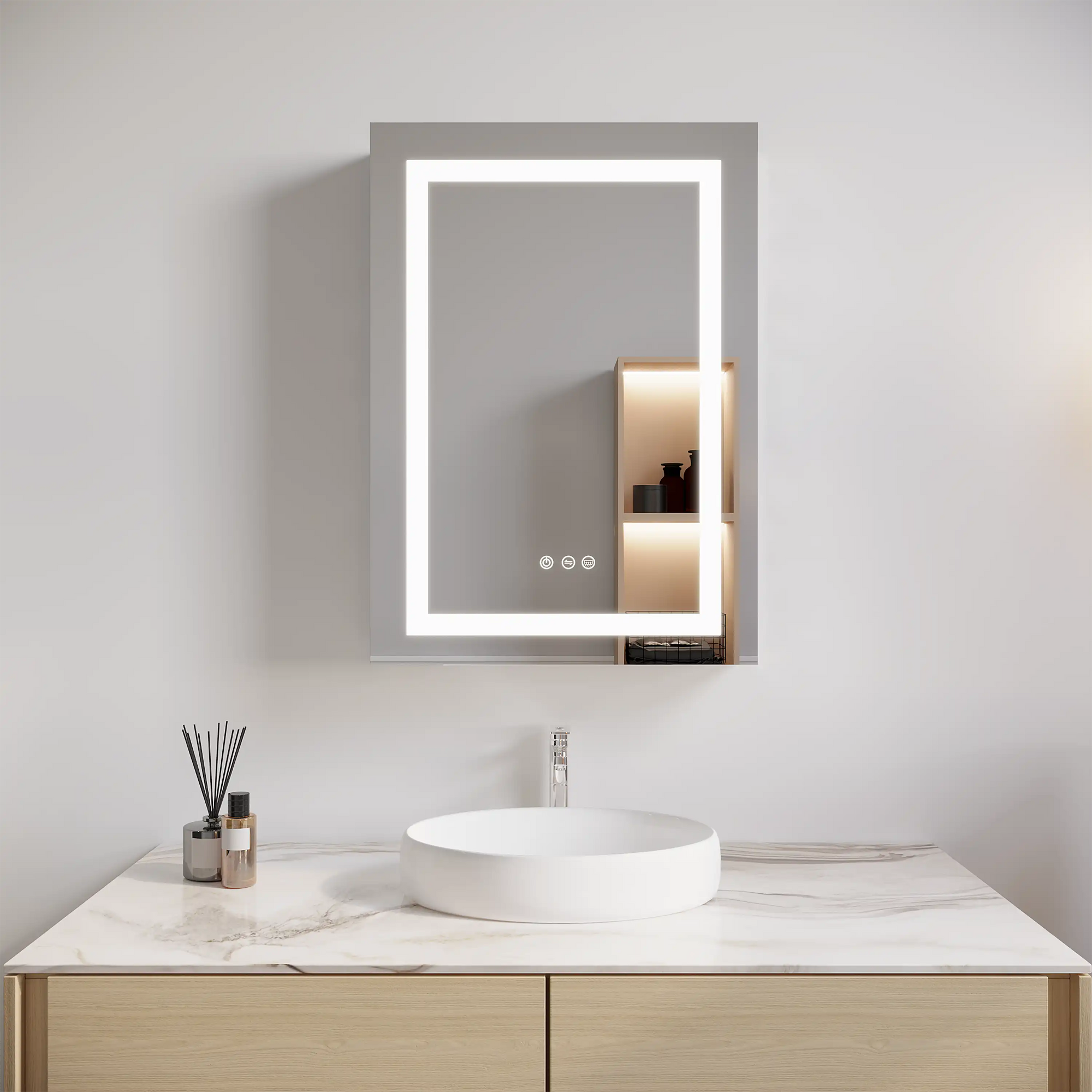 Wall-mounted Hawley 26 inch LED light mirror bathroom cabinet above white sink.