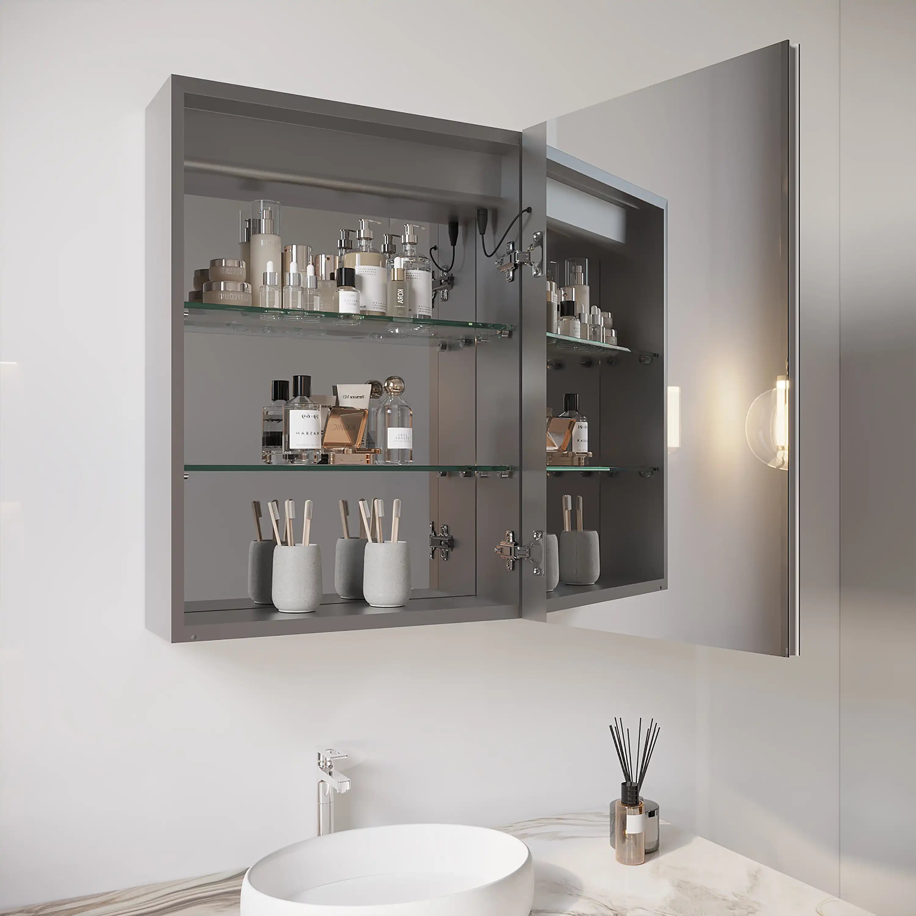 Hawley 26 inch LED light mirror bathroom cabinet with door open, showing interior glass shelves storing toiletries and cosmetics.