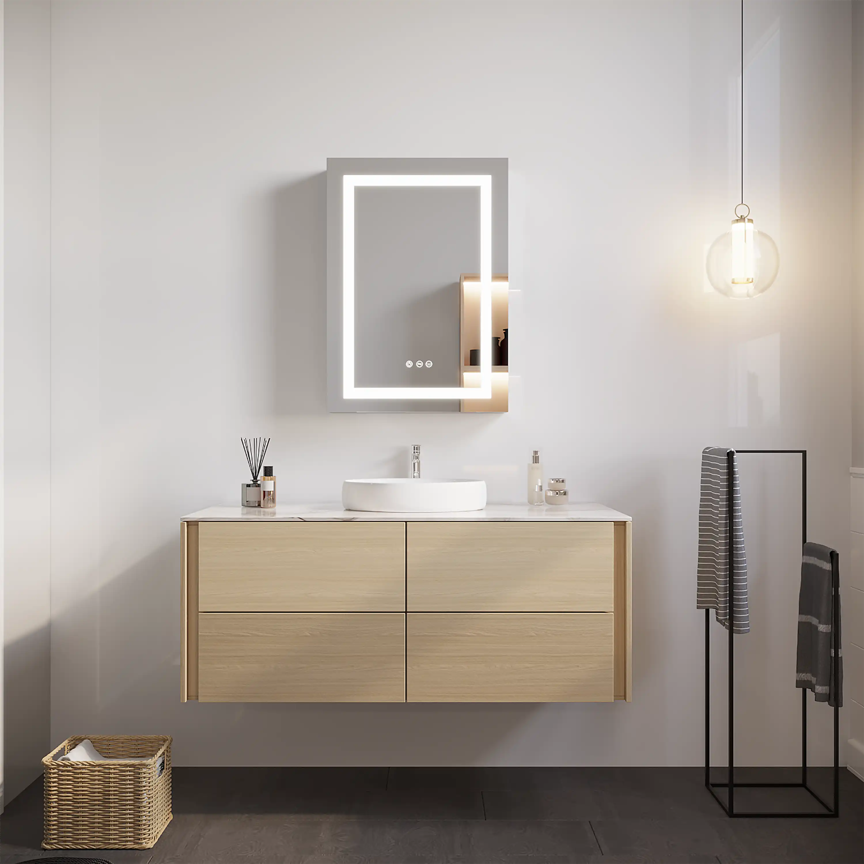 Modern bathroom with floating vanity and Hawley 26 inch LED light mirror cabinet, anti-fog and dimmable design.