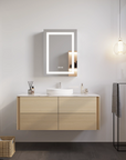 Modern bathroom with floating vanity and Hawley 26 inch LED light mirror cabinet, anti-fog and dimmable design.