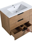 30 inch small bathroom floating vanity featuring three spacious storage drawers in natural oak.