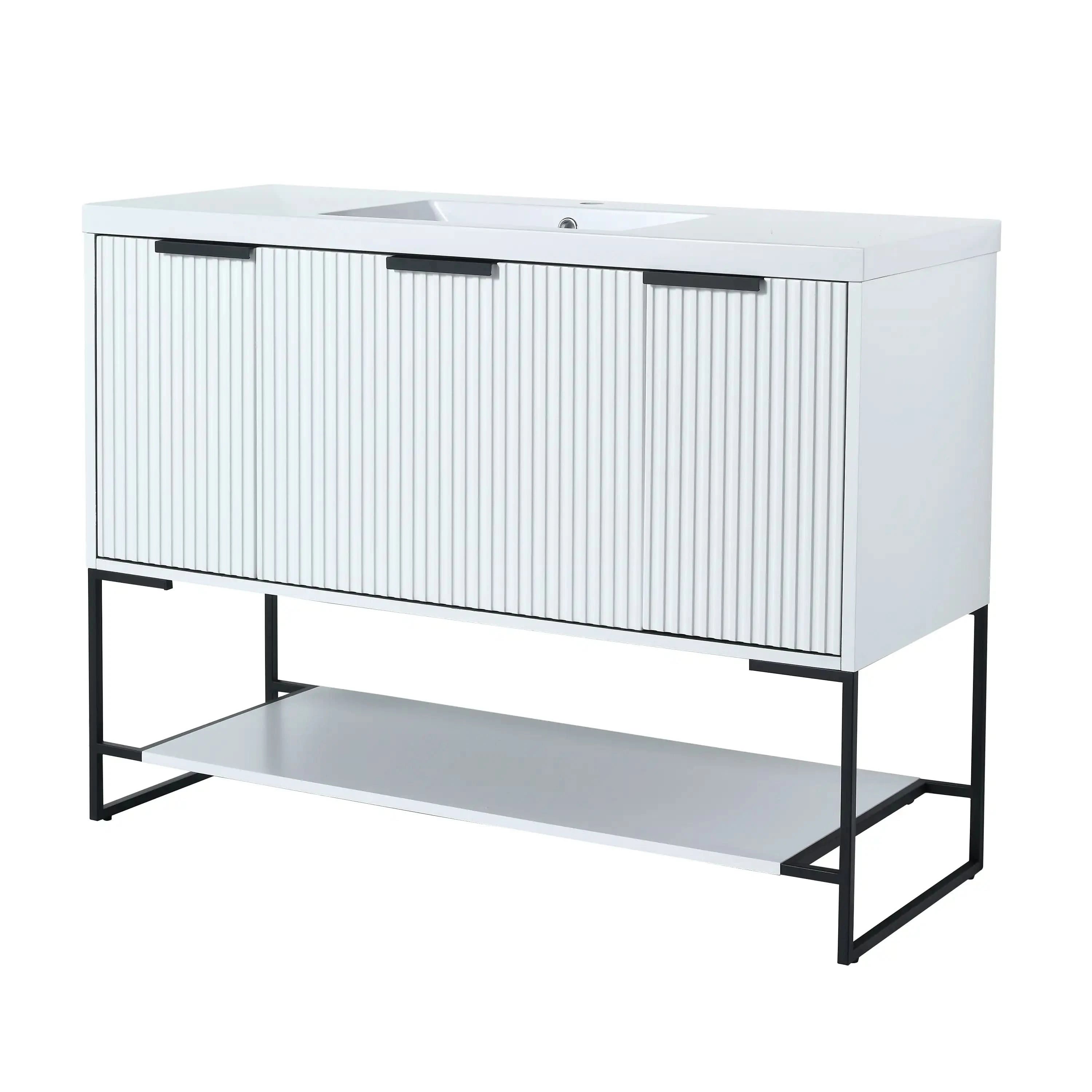 48” White Freestanding Single Sink Vanity with Drawers, Soft-Close Storage & Open Shelf