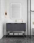 48" grey vanity bathroom unit in modern bathroom setting with mirror and open shelf storage | Ace Decor