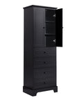 Tall black linen cabinet with upper cabinet doors open, showing interior shelves.