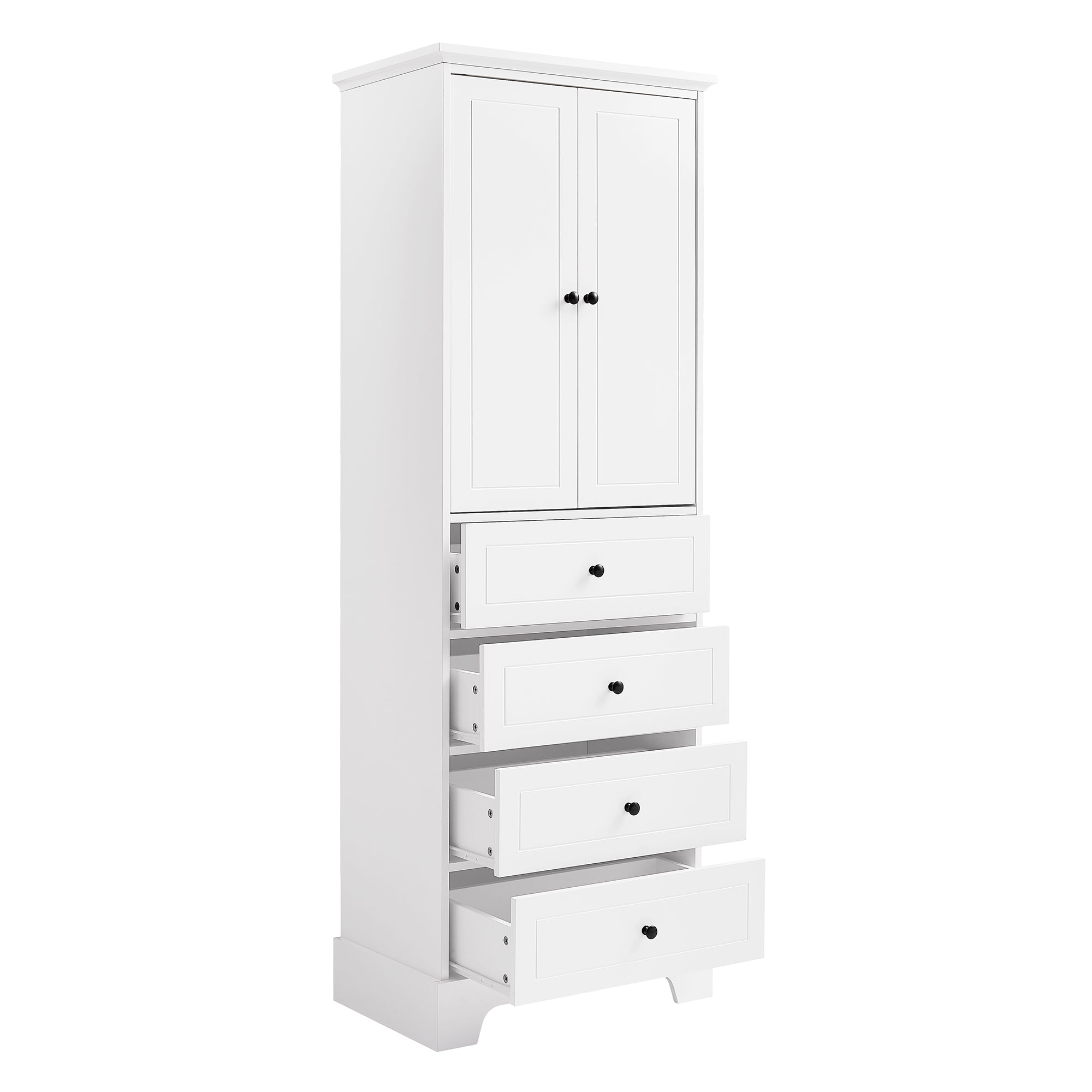 68-inch tall white bathroom linen cabinet with four open drawers.