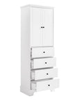 68-inch tall white bathroom linen cabinet with four open drawers.