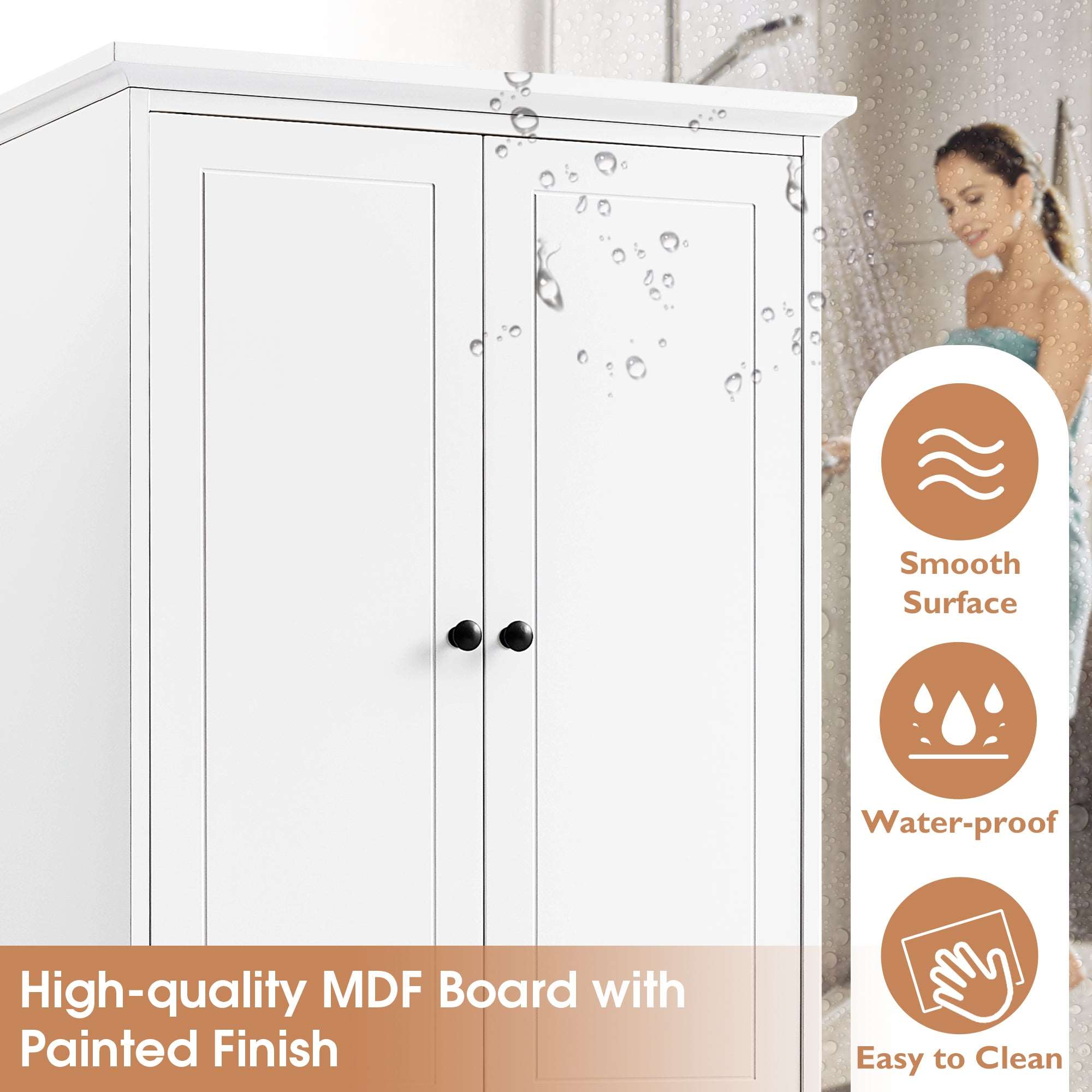Built with waterproof painted MDF, this tall white bathroom linen cabinet is durable and easy to clean.