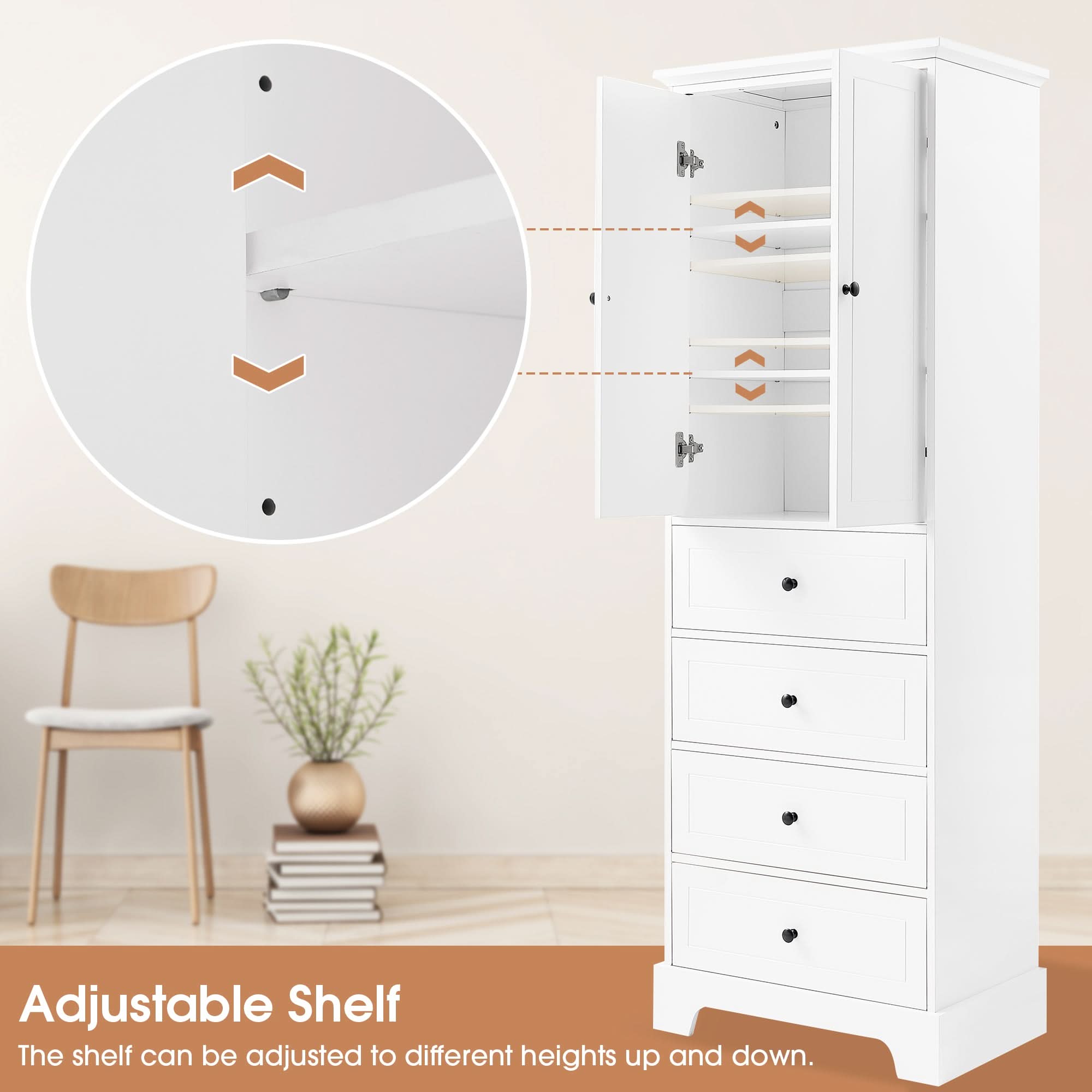 The sheves in 68” Bathroom Linen Cabinet can be adjusted to different heights.