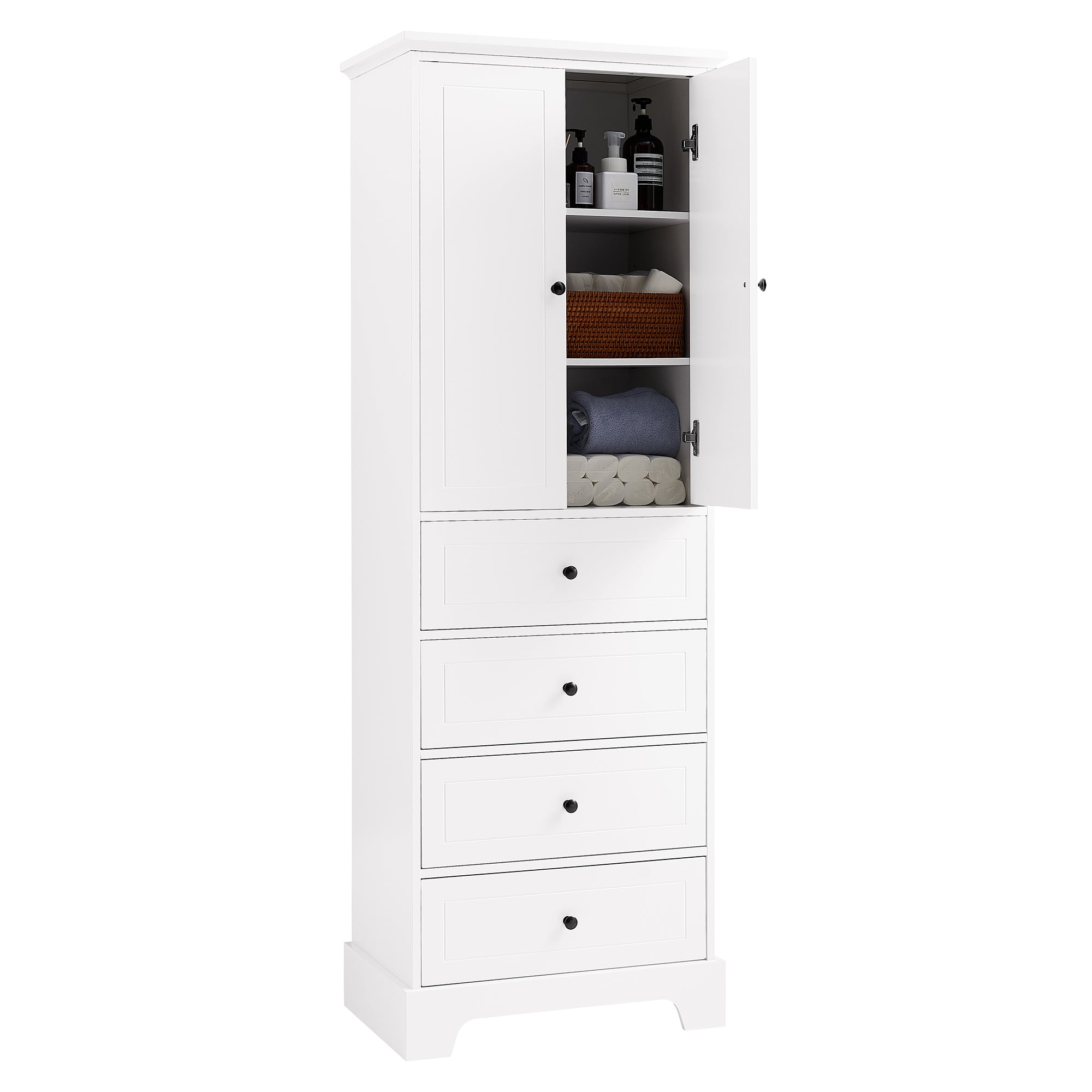 White bathroom linen cabinet with open upper doors, shelves neatly organized with towels and bathroom essentials.