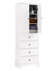 White bathroom linen cabinet with open upper doors, shelves neatly organized with towels and bathroom essentials.