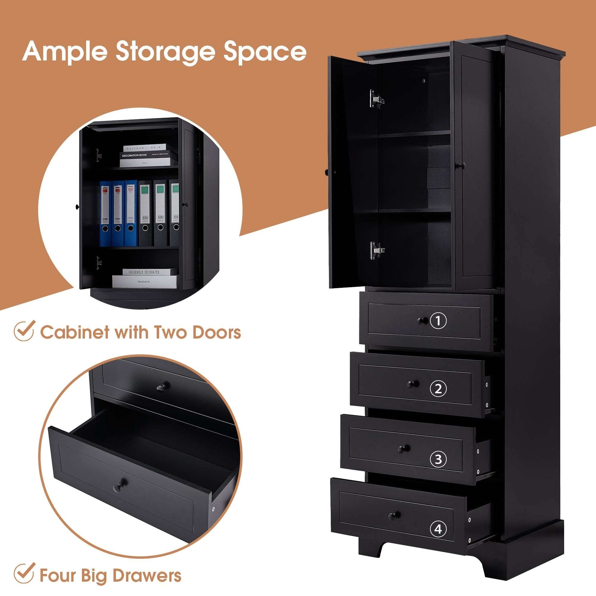 Storage Cabinet with 2 Doors and 4 Drawers, ample storage space.