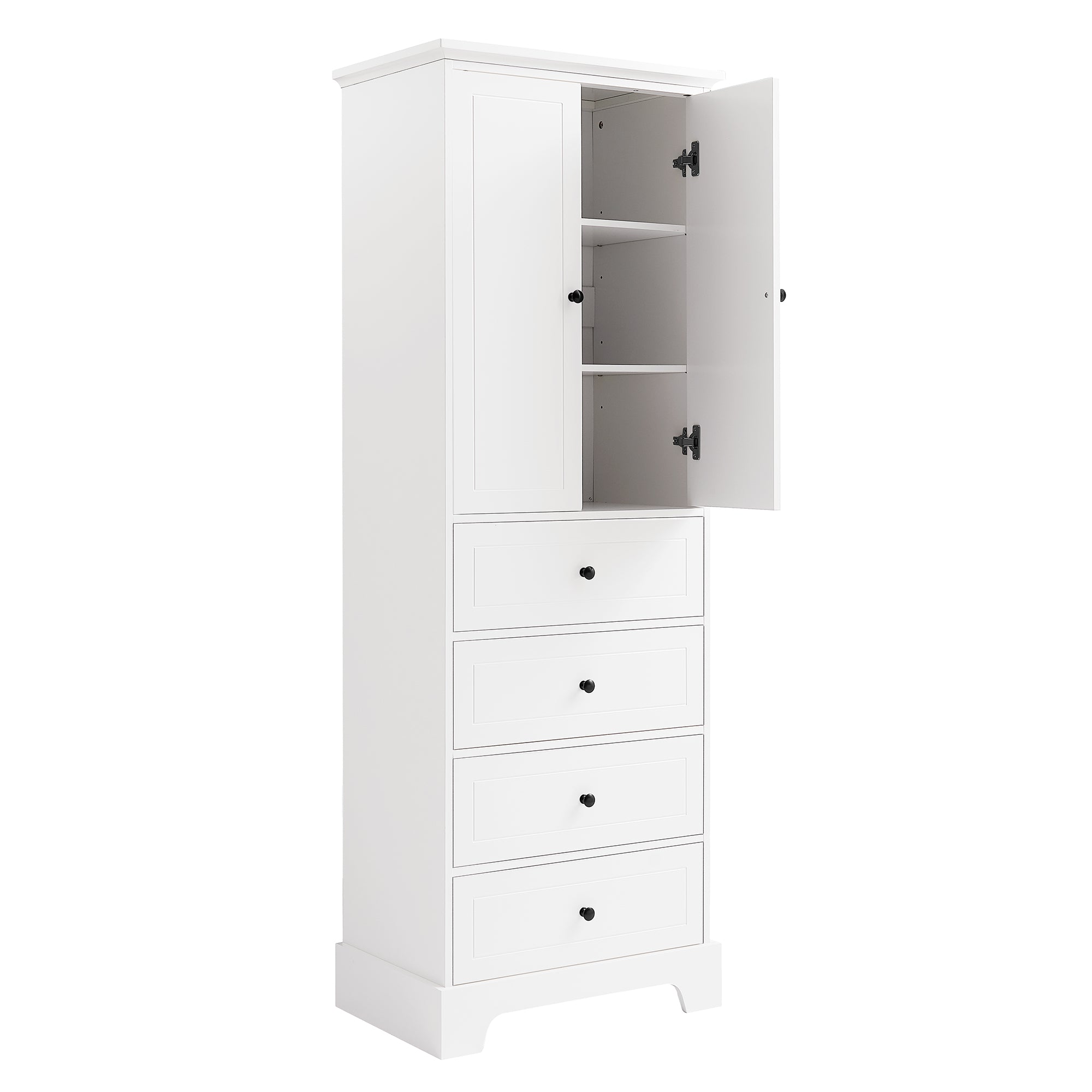 68-inch tall white bathroom linen cabinet with upper doors open, showing interior adjustable shelves.