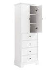 68-inch tall white bathroom linen cabinet with upper doors open, showing interior adjustable shelves.