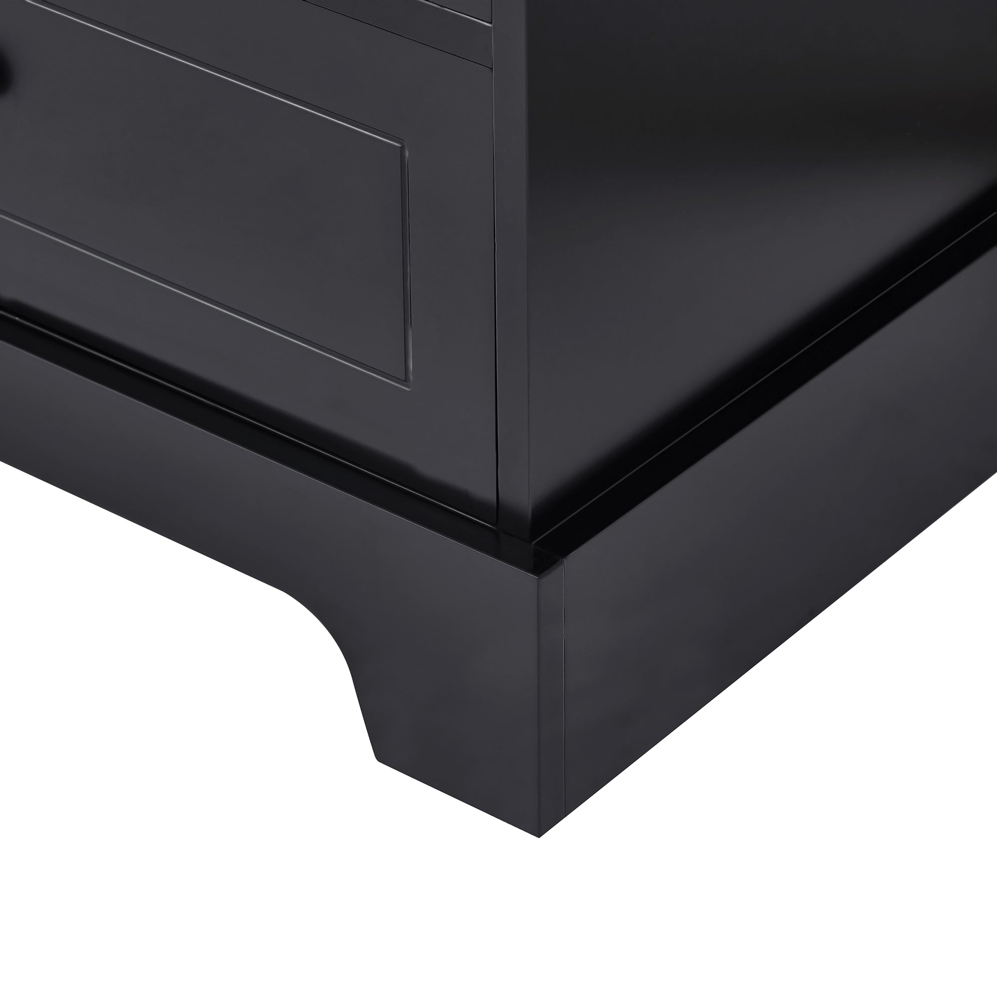 Focused view of base and foot design on tall black linen cabinet, emphasizing stable structure.