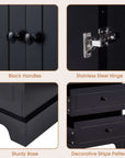 68” Bathroom Linen Cabinet featuring black handles, stainless steel hinges, sturdy base and beautiful stripe pattern.
