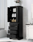 Black 68-inch bathroom linen cabinet with open doors and drawers, neatly organized with towels, baskets, and bathroom essentials in a modern bathroom.