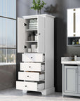 White bathroom linen cabinet with open doors and drawers showcasing organized towel and bathroom storage.