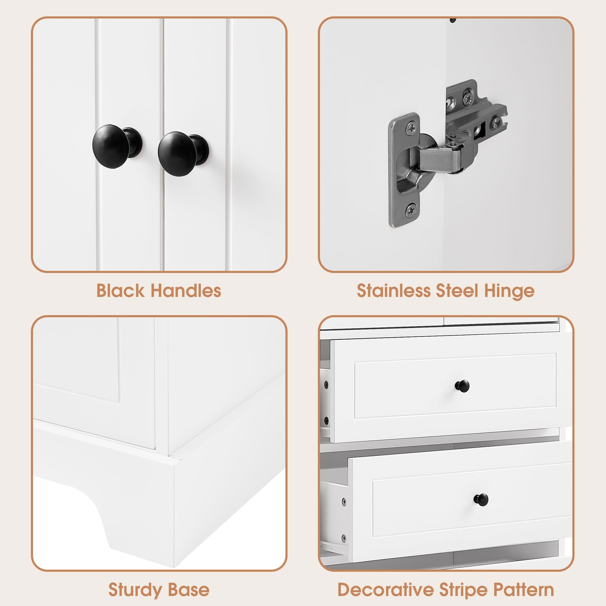 68” Bathroom Linen Cabinet with black handles, stainless steel hinge, sturdy base and decorative stripe pattern.