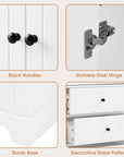 68” Bathroom Linen Cabinet with black handles, stainless steel hinge, sturdy base and decorative stripe pattern.
