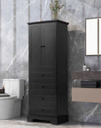 Black 68-inch bathroom linen cabinet with tall double doors and four drawers, styled in a modern bathroom with marble walls, toilet, and vanity.