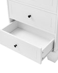 Close-up of deep drawer pulled open on white bathroom linen cabinet, showing spacious storage capacity.