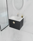Angled view of a 24 inch small corner vanity bathroom with brass round handle | Ace Decor