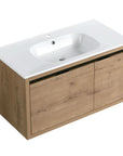 36" floating sink vanity for bathroom in oak finish with integrated sink and clean lines | Ace Decor