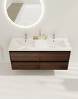 Top view of the 48 inch bathroom vanity with dual resin sinks, dual faucet and rounded LED mirror.
