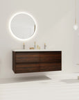 48 inch bathroom vanity with dual resin sinks in a warm light bathroom setting.