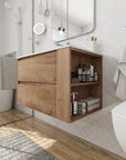 30" bathroom sink vanity with drawers installed in modern bathroom with floating wall-mounted design and side open shelves | Ace Decor