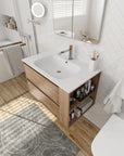 30" bathroom sink vanity with drawers featuring integrated gel basin and side storage shelf view | Ace Decor