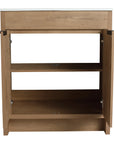 30 inch vanity with sink with open cabinet storage, imitative oak finish, 30" bathroom vanity interior view | Ace Decor