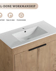 36" imitative oak freestanding vanity with white integrated sink, front view modern bathroom setup | Ace Decor